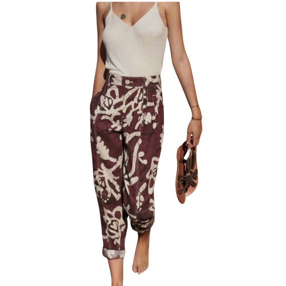 Anthropologie Womens Baggy Barrel Leg Pants Abstract Floral sz 28 Dark Red Cream